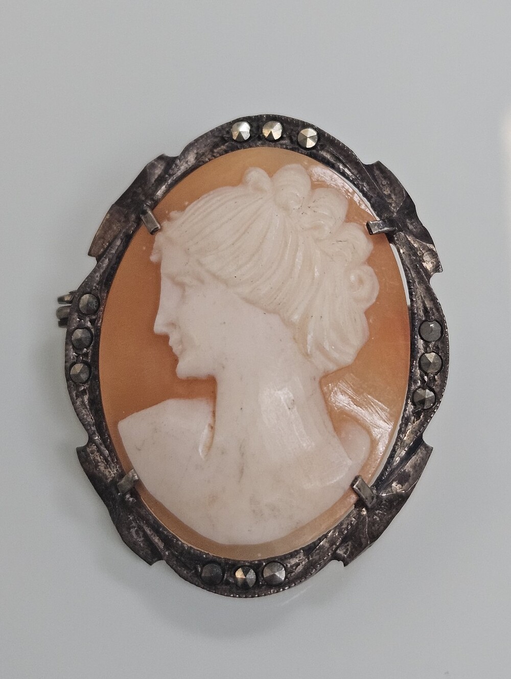Antique Shell Cameo Brooch Pendant 800 Silver Hand Carved Classic Lady
